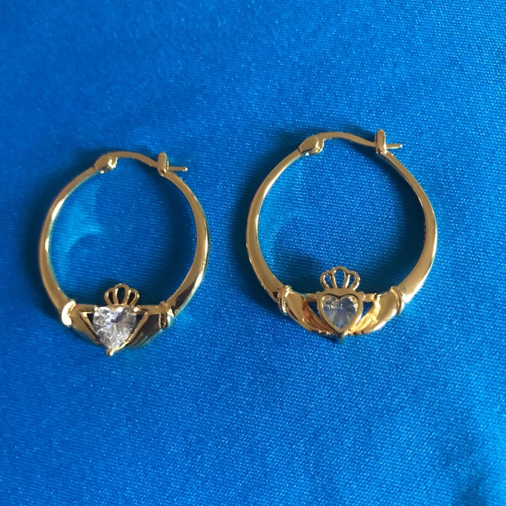 Gold Heart Claddagh Hoop Earrings with Clear Stone